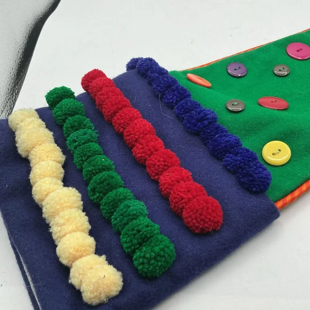 Crate & Barrel Buttons Christmas Stocking Pom Pom Wool Felt 18” Retired